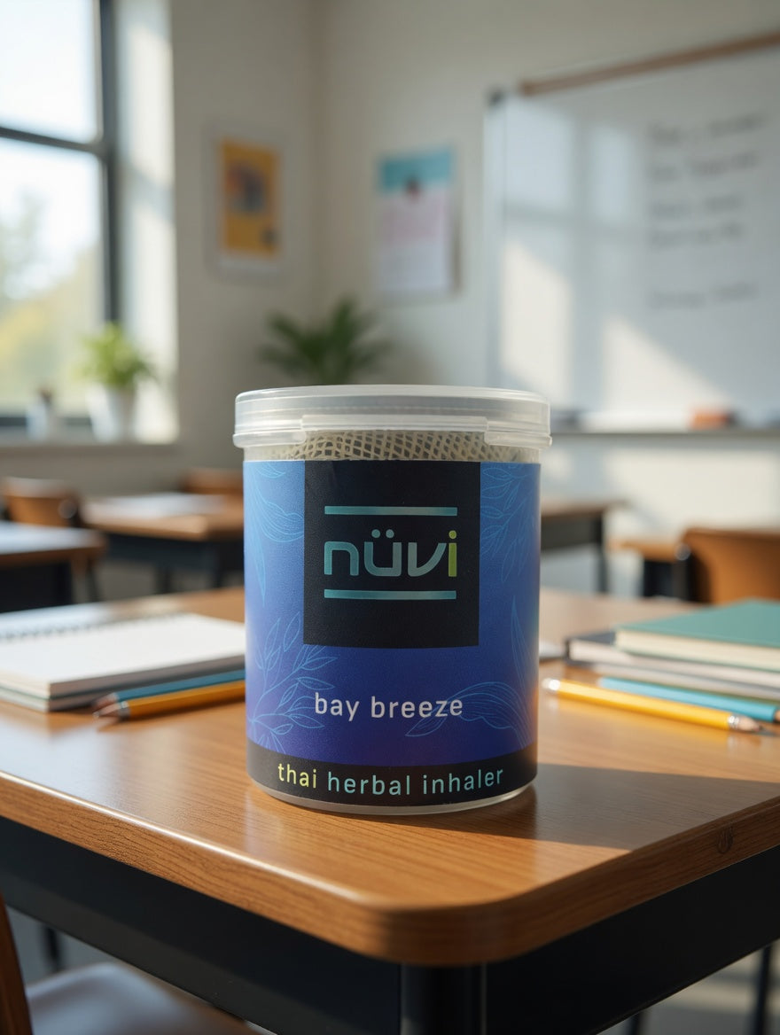 Nuvi Bay Breeze essential oil inhaler displayed in lifestyle setting