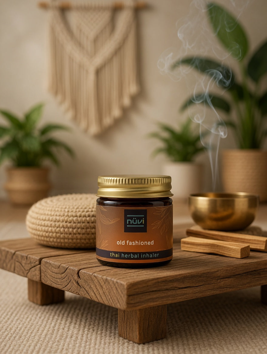 Nuvi Old Fashioned essential oil inhaler in warm lifestyle setting